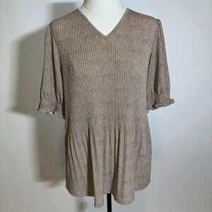 Adrianna Papell Tan White Polka Dot Pleated V-Neck Blouse Womens Size Medium M